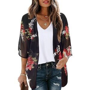 Floral Kimono Sheer Open Front‎ Cardigan Cover Up Bohemian Style Size M